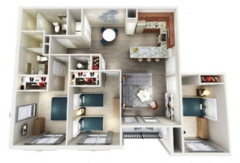 a 3d floor plan of a house with a bedroom and a living room at The McKenzie Park Apartments, Little Rock, 72223